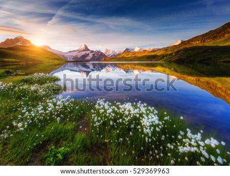 Great view of Mt. Schreckhorn and Wetterhorn above Bachalpsee lake. Dramatic and picturesque scene. Popular tourist attraction. Location place Swiss alps, Grindelwald valley, Europe. Beauty world.