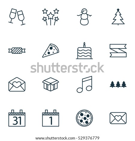 Set Of 16 Holiday Icons. Can Be Used For Web, Mobile, UI And Infographic Design. Includes Elements Such As Sliced Pizza, Crotchets, Holiday Ornament And More.