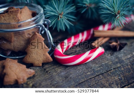 Christmas homemade gingerbread cookies and red candy cane on an old wooden table with fir tree. Christmas treats concept. Christmas moody style background. Selective focus. Copy space.