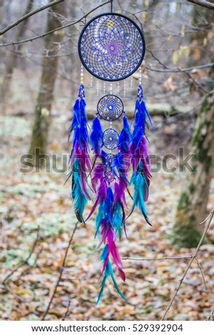 Dreamcatcher made of feathers leather beads and ropes, hanging.