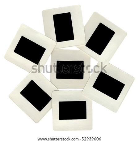 vintage cardboard black slides heap with white frames isolated on white background. advertise concept.