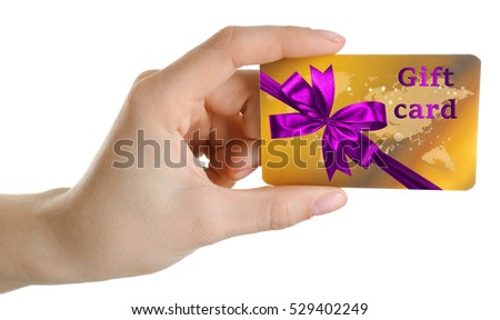 Female hand with gift card on white background. Holiday celebration concept.