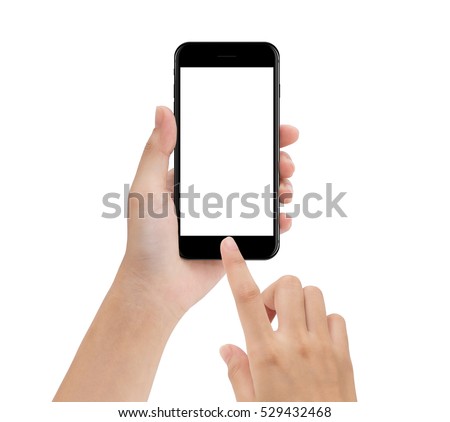 close-up hand using phone mobile isolated on white, mock up smartphone blank screen easy adjustment with clipping path