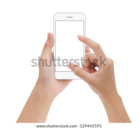close-up hand touching phone mobile isolated on white, mock up smartphone blank screen easy adjustment with clipping path