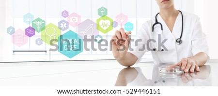 Doctor holding pill medicine with pink icons. Health care and medical concept