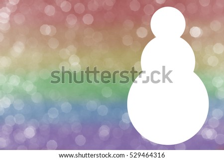 A white Christmas snowman silhouette on a soft, sparkling rainbow bokeh background. Room for text or copy space. A classic festive design great for many ideas or concepts. Flat layout, horizontal