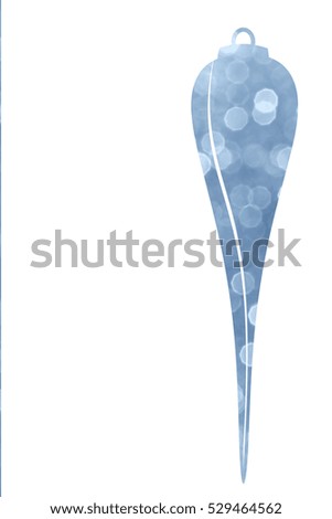 A single long Christmas ornament silhouette with sparkling blue bokeh and a pure white background for text or copy space. A festive design great for many ideas or concepts. Flat layout vertical