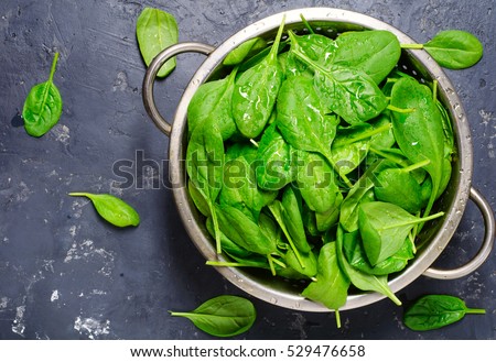 Washed fresh mini spinach in a colander on the old concrete table Royalty-Free Stock Photo #529476658