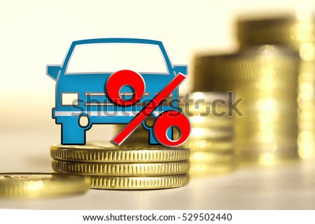 Passenger car and red percent sign on a background of money . The concept of change of car prices .