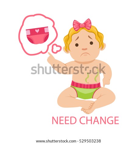 Little Baby Girl In Dirty Diaper Needs Change. Infant Being Unhappy And Crying Cartoon Illustration Collection