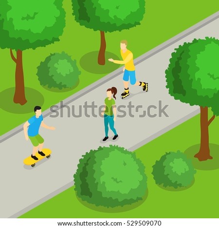 Isometric people on ride composition in a summer park with grass trees and lane with characters vector illustration