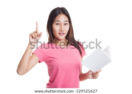 Young Asian woman with a book have an idea  isolated on white background