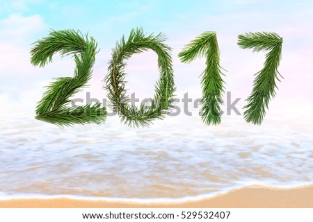 2017 Happy New Year. Holidays.Celebration. All letters and numbers are made of christmas tree branches. Sea surf. Magic seaside blur background