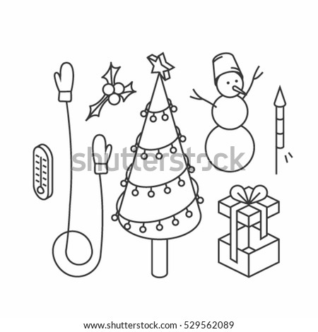 Christmas, vector isometric concept outline illustration, icon set, card, white background: thermometer, mittens, holly, christmas tree, snowman, fireworks, gift