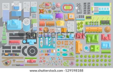 Set of landscape elements. City. (Top view) Trees, houses, buildings, skyscrapers, attractions, railroad, road, port, airport. (View from above) Royalty-Free Stock Photo #529598188