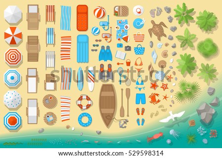 Icons set. Beach elements and objects. (top view) Isolated Vector Illustration. Beach, umbrellas, sunbeds, chairs, games, clothing, shells, fish, animals, palm trees. (view from above). Royalty-Free Stock Photo #529598314