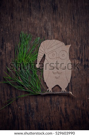 Silhouette of an owl on a fir-tree branch against a dark background. Top view. Studio picture. Subject shooting.