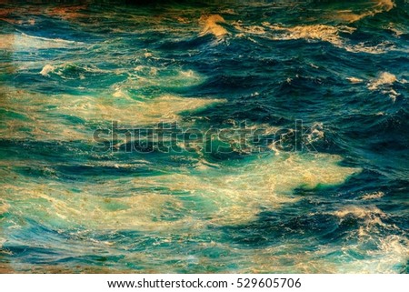Atlantic ocean with blue water on a sunny day. Waves, foam and wake caused by cruise ship, dusty vintage effect filtered image for tourism business concept, cruise sailing blogs, magazines websites
