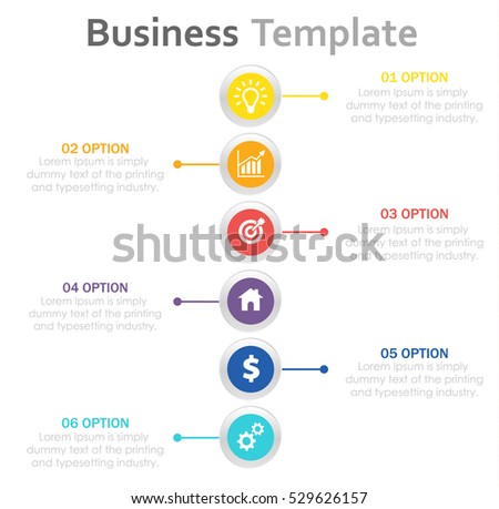 Infographics timeline template with realistic colorful circles for 6 steps and icons. Can be used for workflow layout, diagram, number options, step up options, web design, infographics, presentations