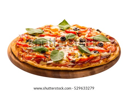 Delicious pizza served on wooden plate isolated on white Royalty-Free Stock Photo #529633279