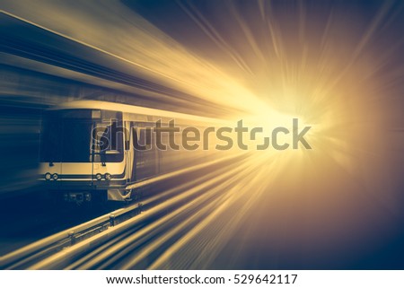 High speed business train transport and technology concept, Acceleration super fast speedy motion zoom blur of sky train station for background design.