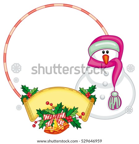Round frame with Christmas decorations and snowman. Christmas design element. Raster clip art.