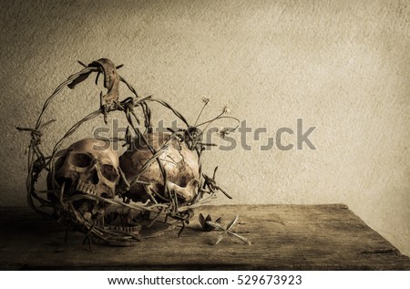 Old skull with metal spike in dark vintage tone, still life photography concept  