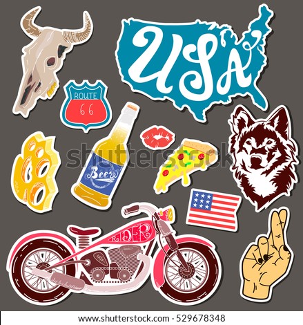 Motorcycle set of isolated icons with recognizable objects and attributes of bikers. Vector illustration. Pop art fashion patches,pins, badges,stickers. Hand Drawn Vector. 