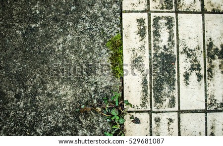 Stone pavement texture with asphalt and grass. Granite cobblestoned pavement background. Abstract background of old cobblestone pavement close-up