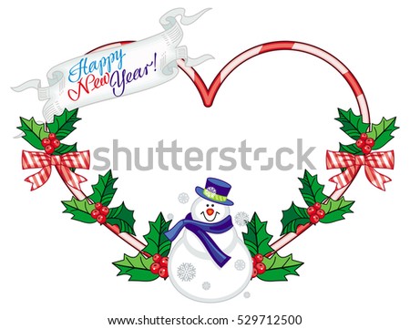Heart-shaped frame with Christmas decorations and smiling snowman in funny hat. Holiday design element. Copy space. Raster clip art.