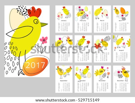 Vector calendar for 2017. Set of 12 months, rooster. Week Starts Sunday. Rooster, symbol of New 2017 - according to Chinese calendar Year of red fiery cock. Vector clipart editable and scalable