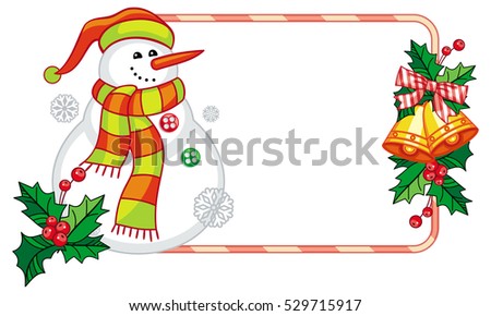 Horizontal frame with Christmas decorations and snowman. Christmas design element. Raster clip art.