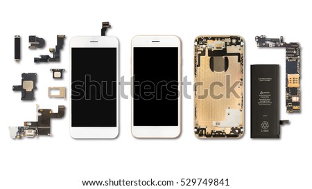 Flat Lay (Top view) of smartphone components isolate on white background with clipping path Royalty-Free Stock Photo #529749841