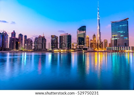 Dubai skyline at dusk, UAE. Royalty-Free Stock Photo #529750231