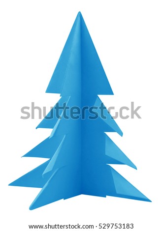 Light blue christmas tree made of paper isolated on white. Clipping path included.