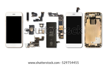 Flat Lay (Top view) of smartphone components isolate on white background with clipping path Royalty-Free Stock Photo #529754455