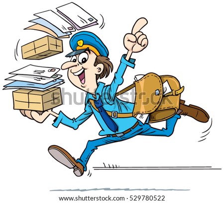 cartoon of a postman running delivering mail Royalty-Free Stock Photo #529780522
