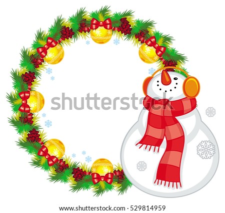 Round Christmas garland with happy snowman in  scarf. Christmas design element. Raster clip art.