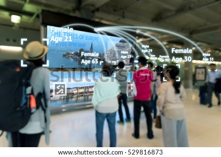 Intelligent Digital Signage , Augmented reality marketing and face recognition concept. Group of people watch interactive artificial intelligence digital advertisement in retail shopping Mall.