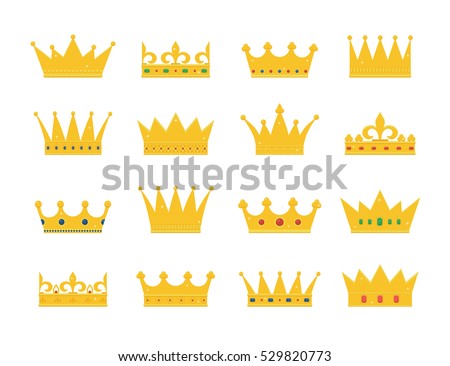Set of gold crown icons. Collection of crown awards for winners, champions, leadership. Vector isolated elements for logo, label, game, hotel, an app design. Royal king, queen, princess crown. 
