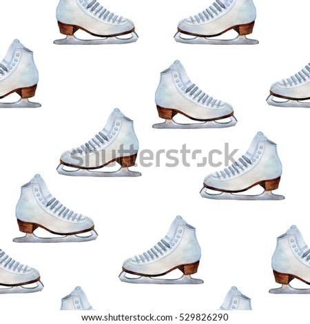 Ice-skate. Watercolor seamless background.
