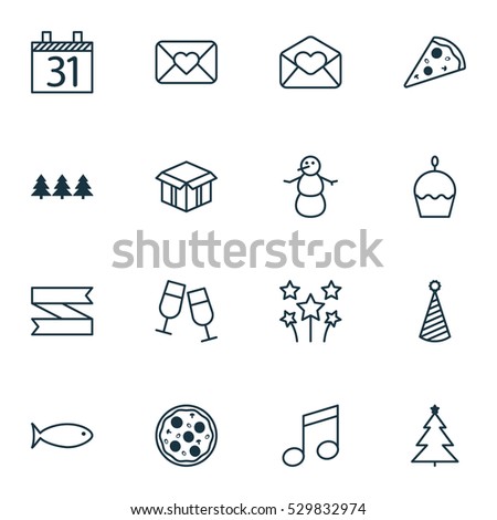 Set Of 16 Happy New Year Icons. Can Be Used For Web, Mobile, UI And Infographic Design. Includes Elements Such As Greeting Email, Celebration Letter, Holiday Ornament And More.