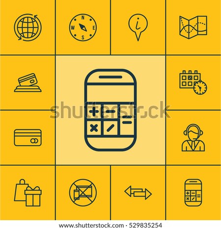 Set Of 12 Transportation Icons. Can Be Used For Web, Mobile, UI And Infographic Design. Includes Elements Such As Operator, Credit Card, Locate And More.