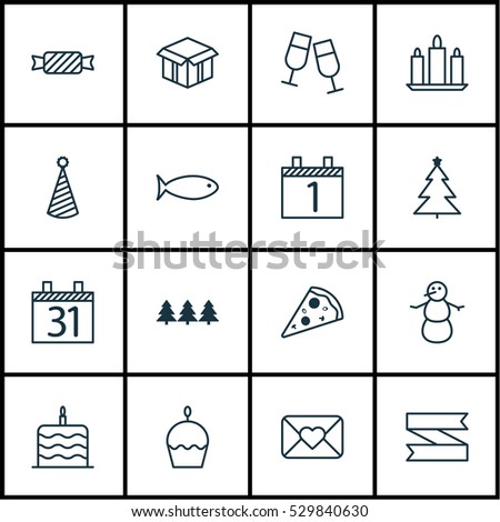 Set Of 16 New Year Icons. Can Be Used For Web, Mobile, UI And Infographic Design. Includes Elements Such As Fishing, Date, Holiday Ornament And More.