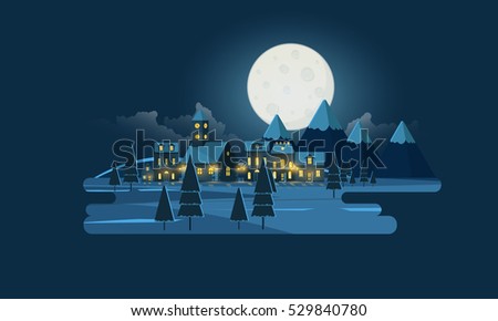 Flat Vector Illustration of Christmas Night Landscape.