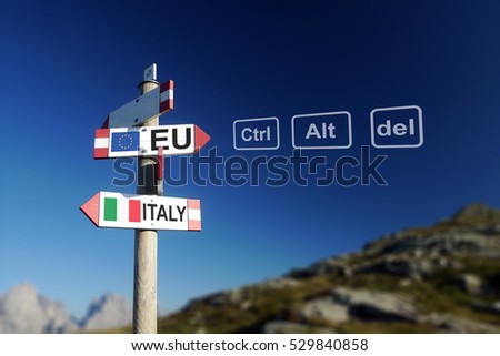 Italian flag and EU flag on mountain road sign. At the top of the agenda concept. Reset of relations.