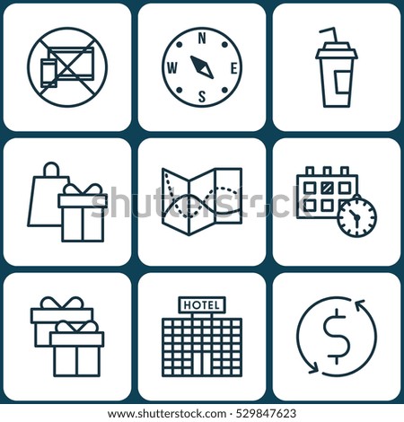 Set Of 9 Airport Icons. Can Be Used For Web, Mobile, UI And Infographic Design. Includes Elements Such As Shopping, Drink Cup, Forbidden Mobile And More.