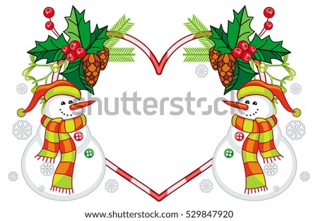 Heart-shaped frame with Christmas decorations and smiling snowman in funny hat. Holiday design element. Copy space. Raster clip art.