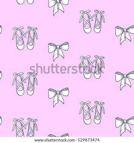 Cute pink girlish seamless hand drawn texture ballet shoes with bows