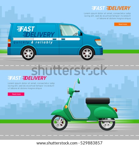 Transport. Collection of two automobile icons. Blue delivery minivan with a white line. Fast four-wheeled mean of transportation. Illustration of isolated green scooter. Flat cartoon design. Vector